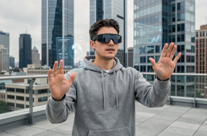 Jeune homme portant des lunettes de réalité augmentée sur une terrasse urbaine moderne