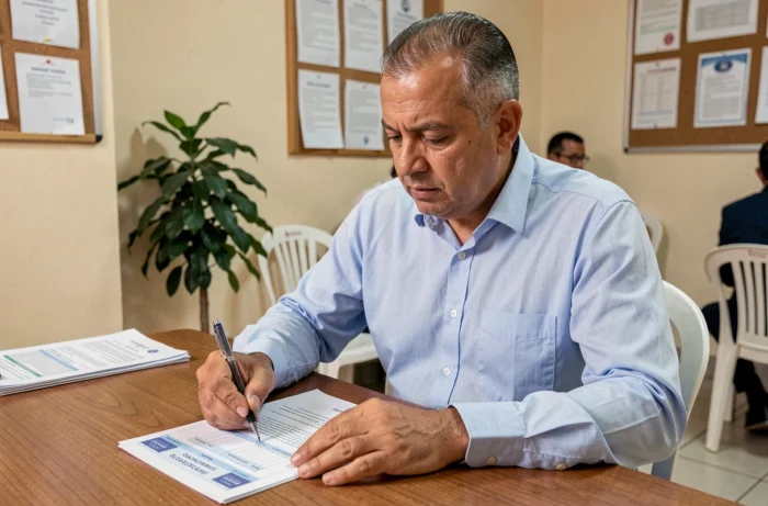 Homme tunisien remplissant un formulaire de renouvellement de passeport dans un bureau administratif