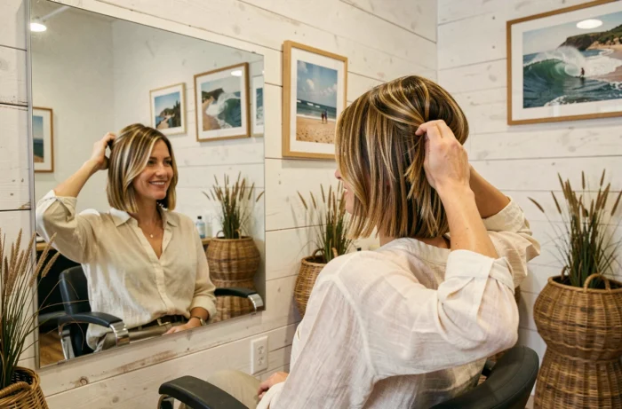 Femme aux cheveux balayage dorés fraîchement coiffés admirant son résultat dans le miroir d'un salon de coiffure de Capbreton