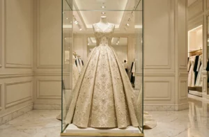 Robe haute couture Dior ornée de cristaux et de perles exposée dans une boutique parisienne de luxe