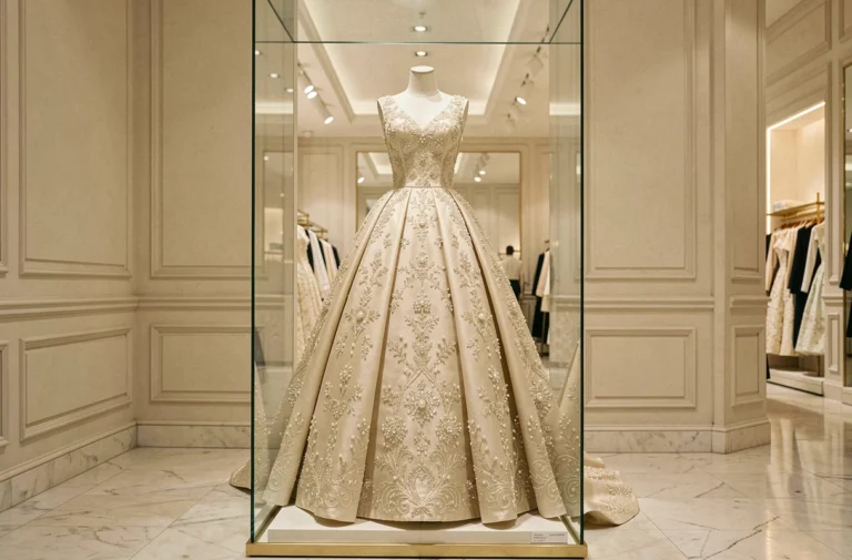 Robe haute couture Dior ornée de cristaux et de perles exposée dans une boutique parisienne de luxe