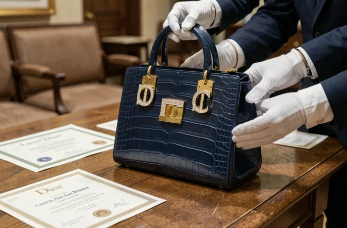 Sac Dior en cuir de crocodile bleu nuit avec fermoir en diamants posé sur une table lors d'une vente aux enchères