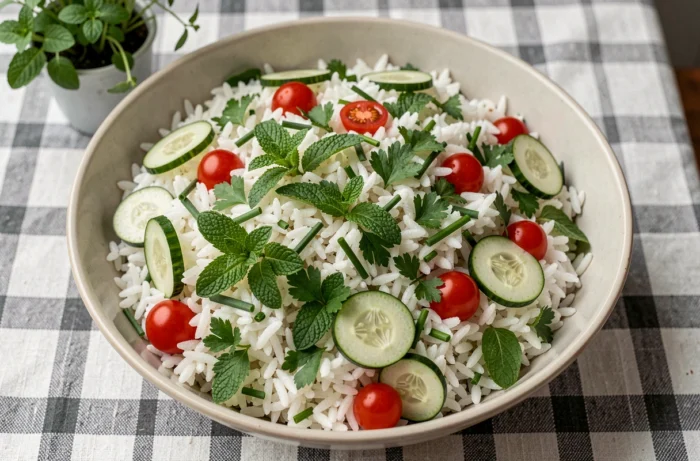 Grand bol en céramique rempli de salade de riz aux herbes fraîches avec menthe, persil, ciboulette et tomates cerises
