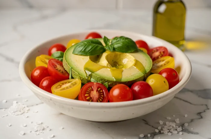 Salade colorée de tomates cerises rouges et jaunes avec des tranches d'avocat crémeuses et des feuilles de basilic frais