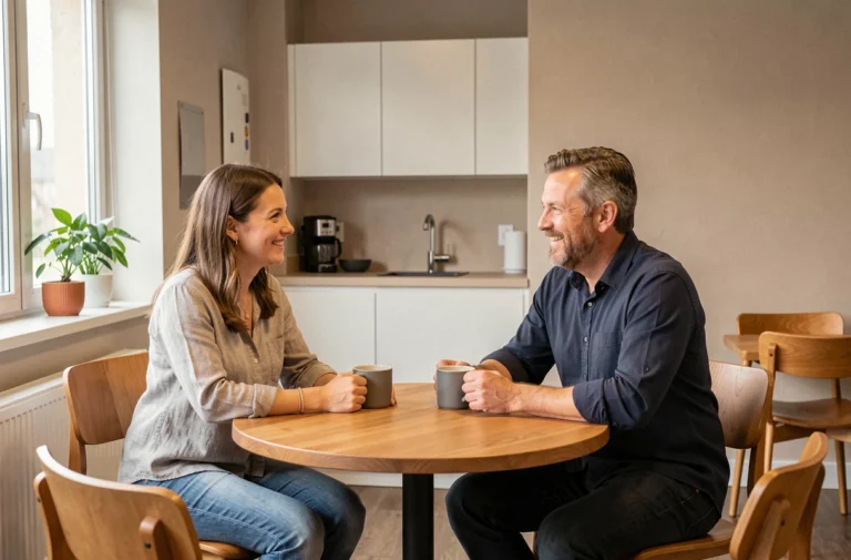 Deux collègues discutant autour d'un café dans une salle de pause moderne avec mobilier en bois et kitchenette
