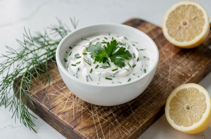 Petite coupelle en céramique blanche remplie de sauce yaourt aux herbes fraîches comme la ciboulette et l'aneth