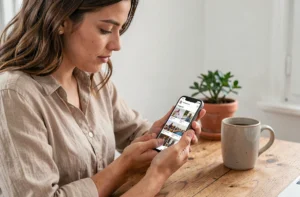 Jeune femme sauvegardant des photos Instagram sur son smartphone depuis son bureau à domicile
