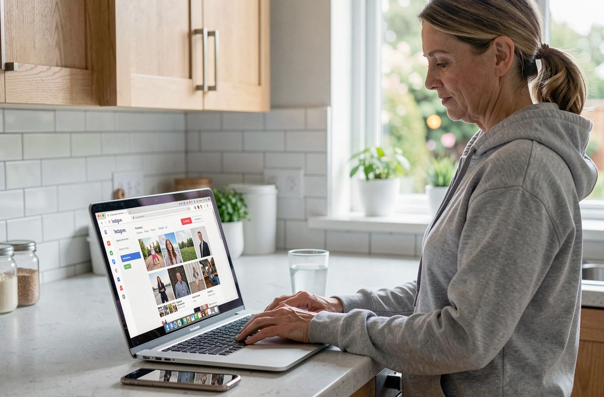 Femme utilisant un site web pour sauvegarder des médias Instagram depuis un ordinateur portable dans une cuisine