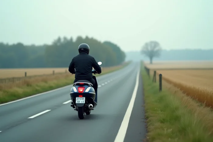 Scooter 125cc vu de dos roulant sur une route de campagne française évoquant la longévité et le kilométrage parcouru
