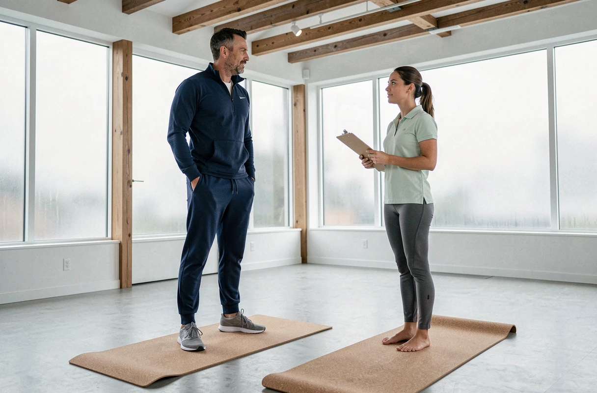 Séance de stretching guidée par un coach bien-être Bee Healthy dans un studio de santé moderne et lumineux