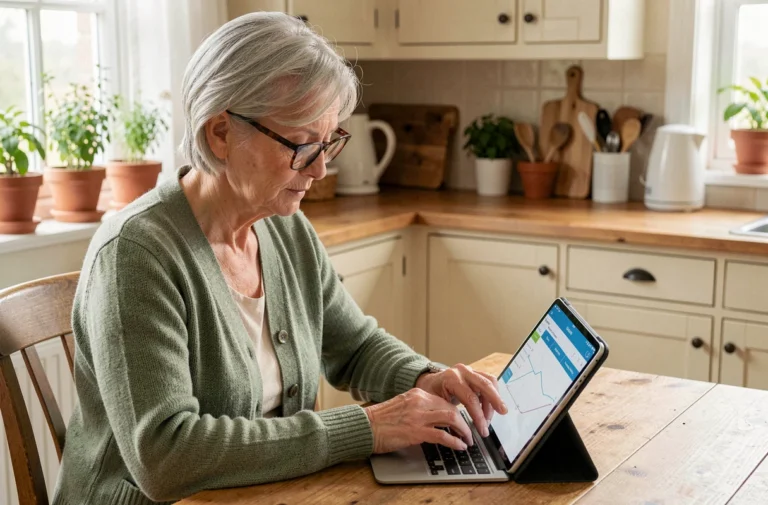 Senior femme utilisant une tablette numérique pour gérer son quotidien à domicile dans une cuisine chaleureuse