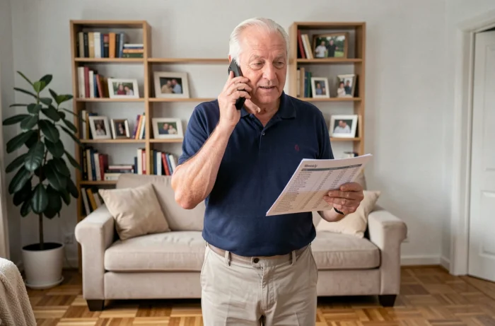 Homme senior gérant ses tâches quotidiennes par téléphone avec un planning imprimé dans son salon