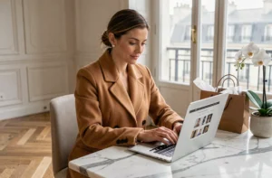 Femme élégante parcourant un site de shopping de luxe en ligne sur un laptop dans un appartement parisien minimaliste