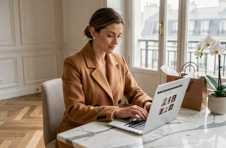 Femme élégante parcourant un site de shopping de luxe en ligne sur un laptop dans un appartement parisien minimaliste