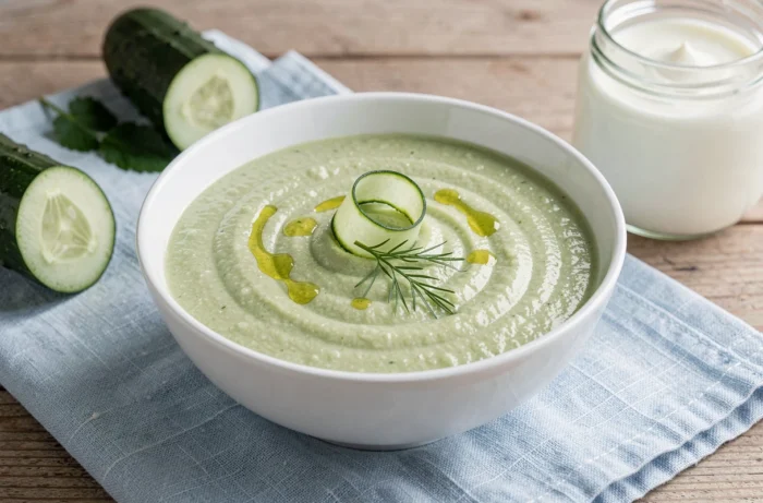 Bol de soupe froide de concombre vert pâle et veloutée garnie d'un ruban de concombre, d'huile d'olive et d'aneth frais