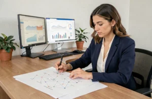Professionnelle analysant une stratégie de netlinking sur des schémas de réseau de liens imprimés dans un bureau moderne