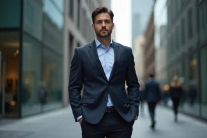 Homme grand en costume bleu marine debout dans une rue urbaine moderne, illustrant les standards de taille masculine