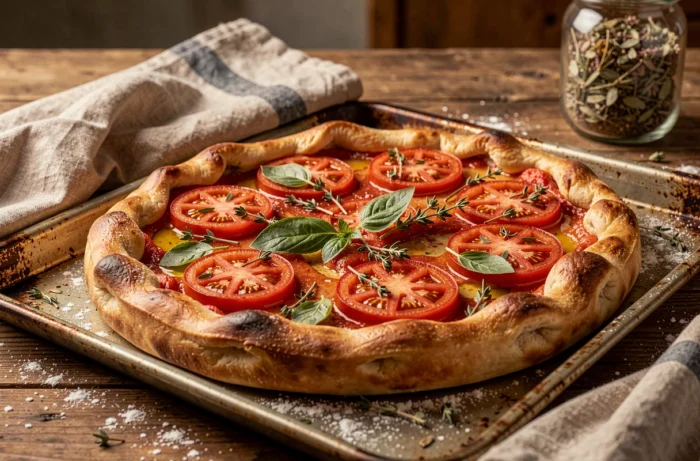 Tarte fine aux tomates confites brillantes sur une pâte feuilletée dorée avec du thym frais et des feuilles de basilic