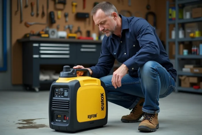 Technicien inspectant les prises et le panneau de commande du groupe électrogène Mecafer MF3300 dans un garage