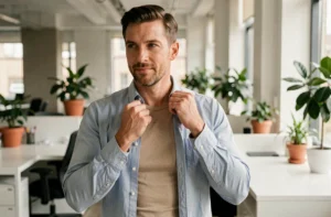 Homme portant un tee-shirt de posture Percko Decathlon sous une chemise en milieu de travail