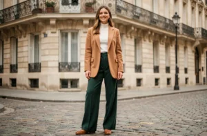 Femme élégante en blazer camel oversized et pantalon large vert forêt dans une rue parisienne pavée, look tendance automne-hiver