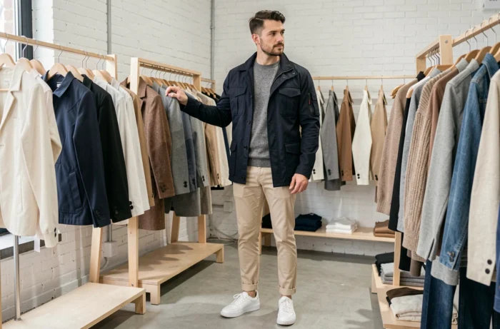 Homme stylé en veste utility marine et chinos ecru dans une boutique de mode contemporaine, tendances mode masculine saison