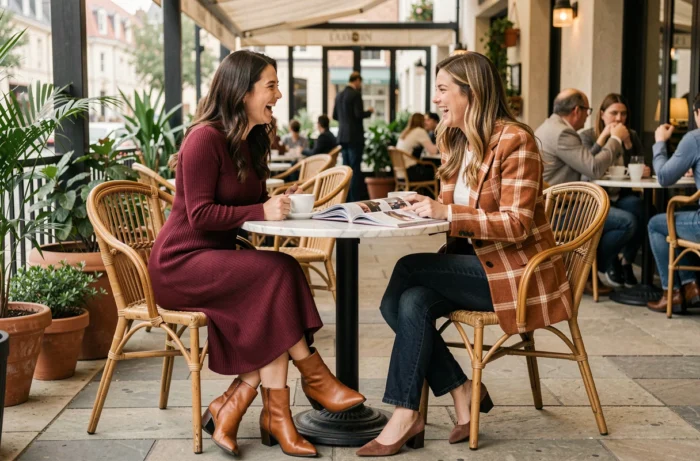 Deux femmes élégantes en tenues tendance automne assises en terrasse de café, robe tricot bordeaux et blazer à carreaux rouille, look mode saison