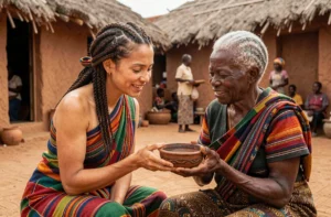 Touriste occidentale et artisane locale partageant un moment authentique autour d'une poterie artisanale dans un village d'Afrique de l'Ouest, illustrant le tourisme solidaire et l'échange interculturel