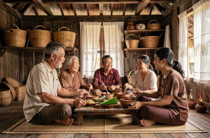 Voyageur occidental partageant un repas traditionnel avec une famille multigénérationnelle dans un hébergement chez l'habitant en Asie du Sud-Est, incarnant les valeurs du tourisme solidaire et de l'immersion culturelle