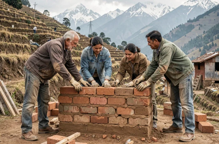 Groupe de volontaires internationaux et habitants péruviens construisant ensemble un mur en adobe dans un village andin, symbole du tourisme responsable et de l'aide communautaire