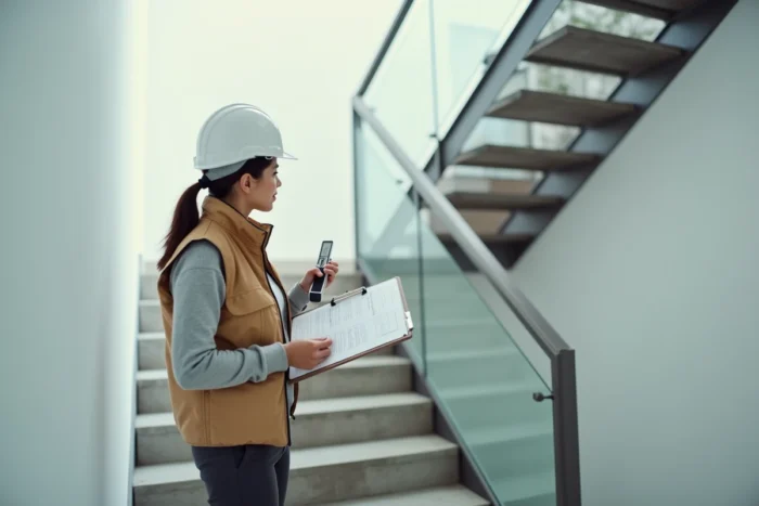 Inspectrice en bâtiment vérifiant la conformité des dimensions d'un escalier intérieur contemporain avec documents normatifs