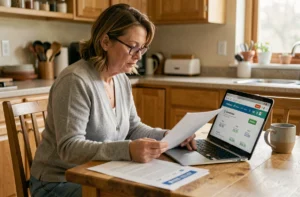 Femme vérifiant la fiabilité d'un artisan en ligne depuis sa cuisine, en consultant des avis clients sur un ordinateur portable