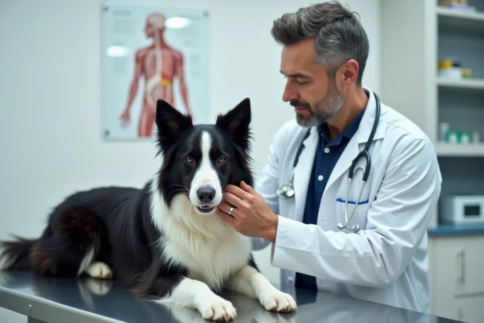 Vétérinaire examinant un border collie dans une clinique vétérinaire moderne, guide des races de chiens et de leur santé