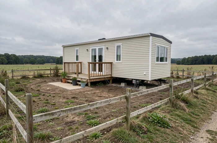 Vue grand angle d'un mobil home installé sur terrain privé avec clôture de propriété et raccordements visibles