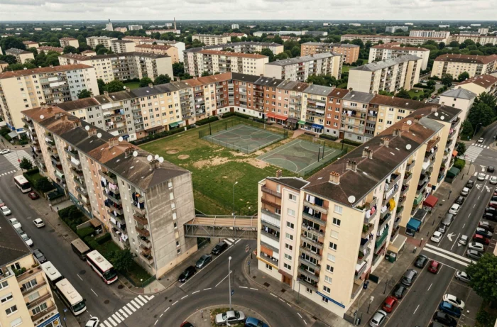 Vue panoramique d'un quartier urbain dense en banlieue française avec tours HLM, cours intérieures et infrastructure routière