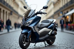 Yamaha TMAX 750 garé sur un boulevard parisien, vue 3/4 avant mettant en valeur le design sportif du maxi-scooter 2026