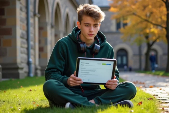 Étudiant configurant la messagerie Zimbra Unicaen sur tablette en extérieur sur un campus universitaire français